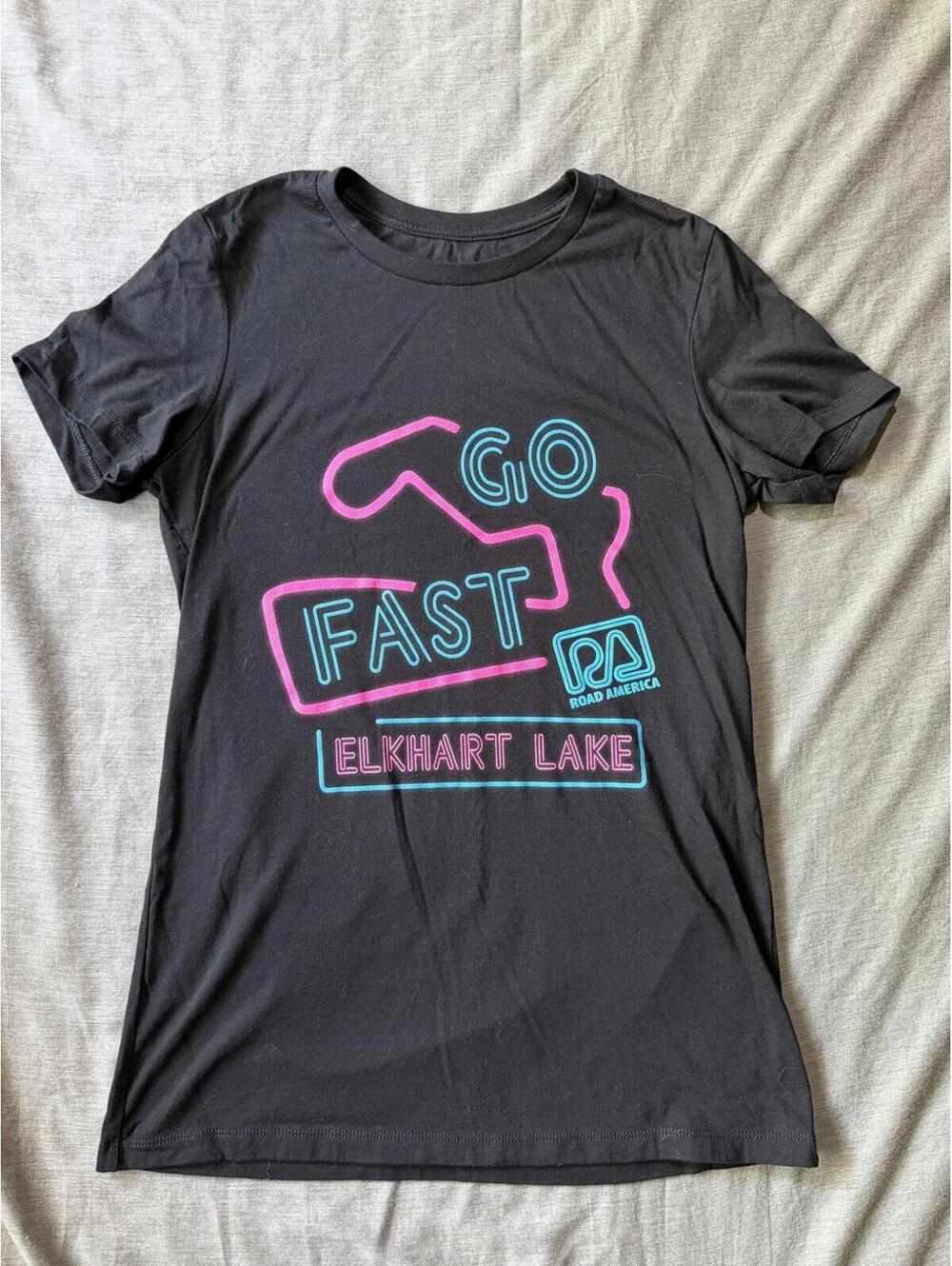Road America Go Fast Elkhart Lake Black & Pink Neon Tshirt Womens Size Small